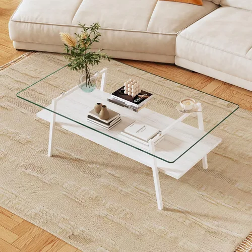 Vista 13 de Mesa auxiliar de cristal, mesa de centro de mediados de siglo de 2 niveles con parte superior de vidrio templado gris y estante de almacenamiento