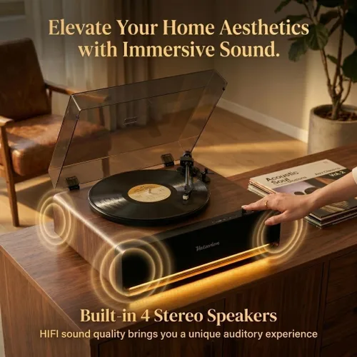 Vista 3 de Tocadiscos de vinilo con altavoces integrados, tocadiscos Bluetooth todo en uno para 33/45 RPM, tocadiscos de alta fidelidad para discos de vinilo