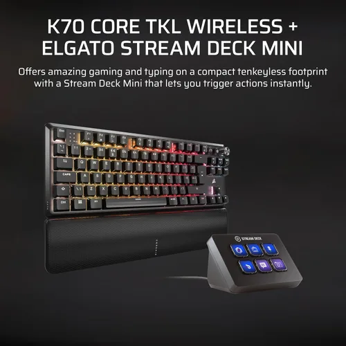Vista 2 de Corsair K70 CORE TKL Wireless + Elgato Stream Deck Mini Bundle - Teclado mecánico para juegos sin llave con controlador de estudio para Zoom