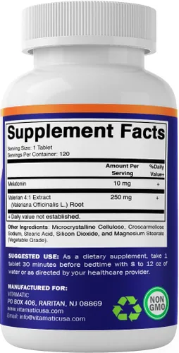 Vista 8 de Vitamatic Melatonina 10mg con raíz de valeriana 4:1 Extracto 250 mg 120 Comprimidos