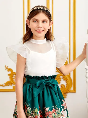 Vista 3 de WDIRARA Blusa sin mangas de malla transparente con cuello alto falso y volantes para niña
