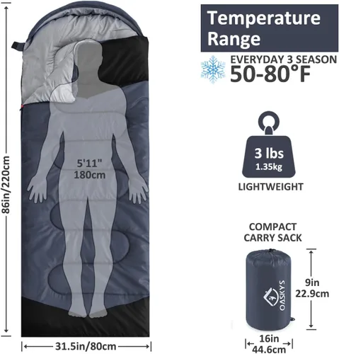 Vista 2 de oaskys Camping Sleeping Bag - 3 Season Warm & Cool Weather - Summer Spring Fall Lightweight Waterproof for Adults Kids - Camping Essentials Gear