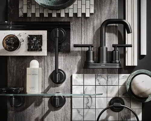 Vista 5 de Moen Gibson - Grifo de baño de arco alto con dos manijas y montaje de desagüe en negro mate, contemporáneo, para encimeras de 3 agujeros, 6150BL