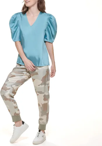 Vista 2 de DKNY Top deportivo con cuello en V pulido para mujer