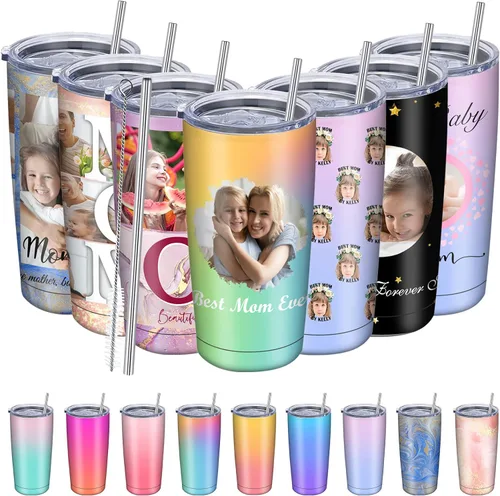 Vista 24 de Regalos para el Día de la Madre, vaso personalizado con foto de mamá, vasos delgados con tapa de nombre y pajita, 20 onzas, taza de café de viaje