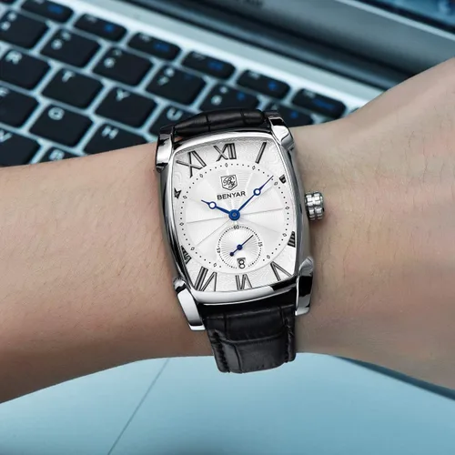Vista 3 de BENYAR - Reloj de pulsera rectangular para hombre con correa de piel, estilo retro, casual, clásico, regalo perfecto para amigos