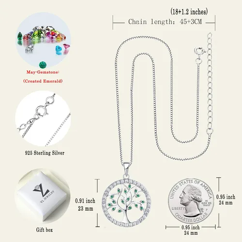 Vista 6 de YL Collar de árbol de plata de ley 925 con colgante de árbol de la vida, piedra natal redonda, halo familiar, joyería para mujer