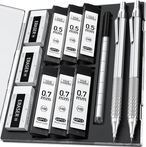 Vista 10 de Four Candies - Juego de 2 lápices mecánicos metálicos con estuche, lápices de artista de 0.5 mm y 0.7 mm con 6 tubos (360 piezas) de recambios