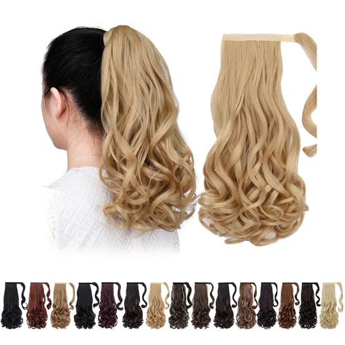 Vista 23 de Extensiones de cola de caballo negras, colas de caballo rizadas con clip, 22 pulgadas, 3.5 onzas, extensión de cabello sintético envolvente del pelo