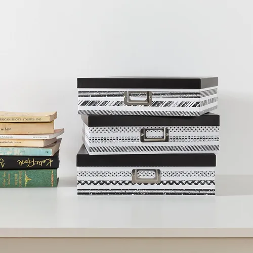Vista 7 de SLPR Cajas de almacenamiento decorativas con tapas para decoración del hogar, juego de 3: almacenamiento de fotos en blanco y negro, cajas de cartón
