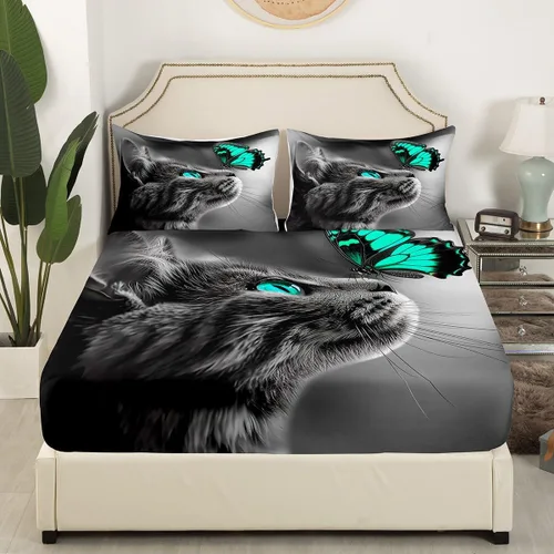 Vista 2 de Linda sábana bajera ajustable de gato tamaño individual, juegos de ropa de cama de mariposa azul y verde para niños, sábanas estéticas de gatos