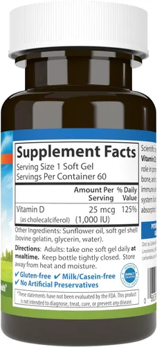 Vista 2 de Carlson - Vitamina D3, 1000 UI (25 mcg), salud ósea, salud muscular, colecalciferol, suplementos de vitamina D, geles blandos de vitamina D3, 60