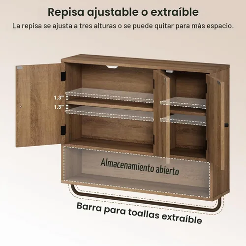 Vista 5 de RUSTOWN Gabinete de pared del cuarto de baño de la rota, boho, boho, con 3 Roble natural