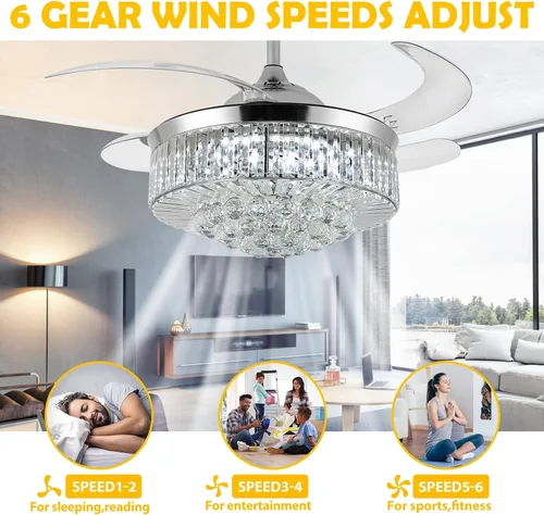 Vista 5 de Ventilador de techo invisible de 36", lámpara de araña de cristal moderna con control remoto, 4 aspas retráctiles de ABS para dormitorio, sala