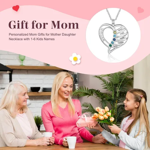Vista 6 de Personalized Mom Heart Necklace Birthstone Necklace for Women Mom Jewelry with 1-6 Names Customized Name Necklace Christmas Birthday Gifts for Mama