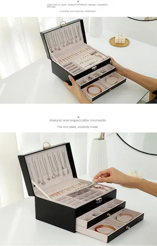 Vista 6 de Organizador de joyas con cuero sintético caja de joyería para mujer caja de joyería grande con cerradura y llave almacenamiento de collares anillos