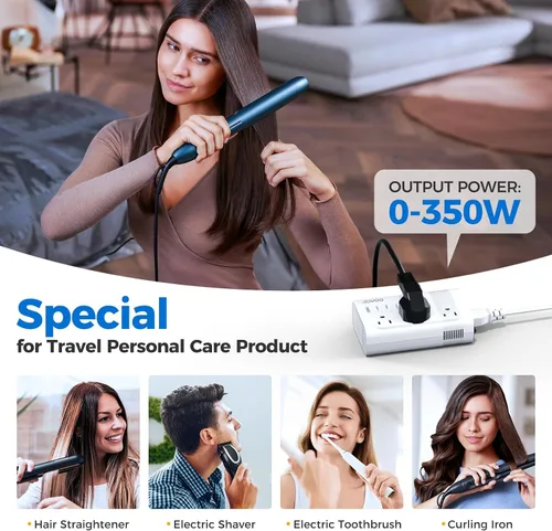 Vista 3 de DOACE - Convertidor de voltaje de 350 W de EE. UU. a Europa para alisador de cabello, rizador CPAP, convertidor de 220 V a 110 V para viajes Blanco
