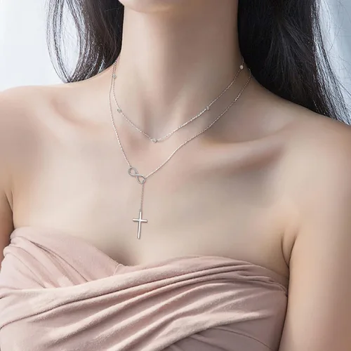Vista 4 de MONGAS Lariat - Collar en capas de plata de ley 925 en forma de Y, gargantilla en capas, regalos de joyería de Navidad para mujer
