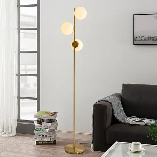 Vista 3 de Lámpara de pie moderna de mediados de siglo, lámpara de pie dorada de 3 luces con pantalla de vidrio Whithe, lámpara LED de poste alto para sala