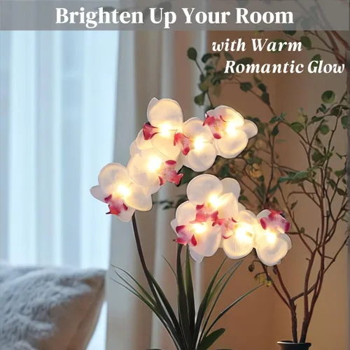 Vista 2 de Arreglo floral artificial con luces LED Homeseasons, funciona con batería, maceta con orquídeas, 9 luces Blanco