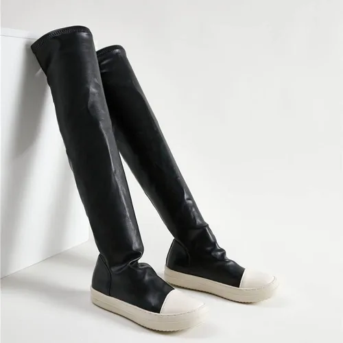 Vista 4 de Kluolandi Botas altas hasta la rodilla para mujer, elásticas, planas, cómodas, hasta la rodilla