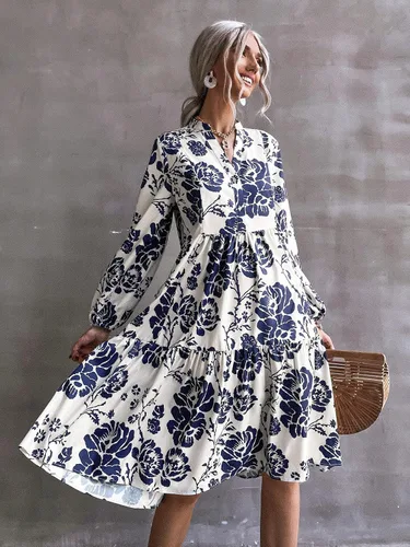 Vista 3 de Floerns Vestido midi de manga larga con cuello en V y dobladillo con volantes para mujer