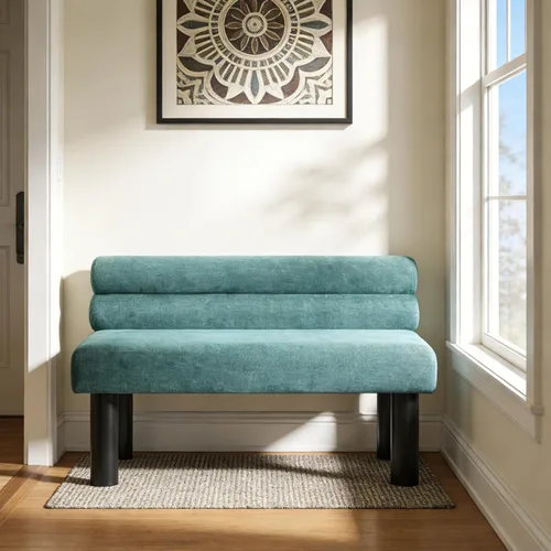 Vista 12 de GDFStudio Banco tapizado de bouclé con respaldo para comedor, banco de entrada estilo granja con patas de madera de goma, banco largo para Beige
