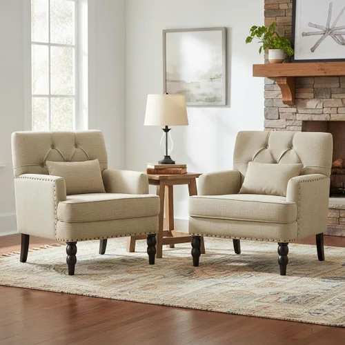 Vista 11 de HUIMO Silla de Club Acolchada, Silla de Acento con Almohada Lumbar, Sillón Tapizado con Botones, Sillas de Sofá de Tela de Lino para Dormitorio
