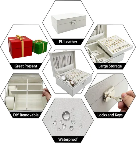 Vista 2 de CXEizZ Caja organizadora de joyas para mujeres, niñas y hombres con cerradura, collar y reloj, cajas de aretes de cuero sintético, estuche
