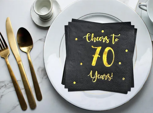 Vista 8 de Servilletas de cóctel de Cheers to 70 años, decoraciones de feliz cumpleaños 70 para hombres y mujeres, decoraciones de fiesta de aniversario