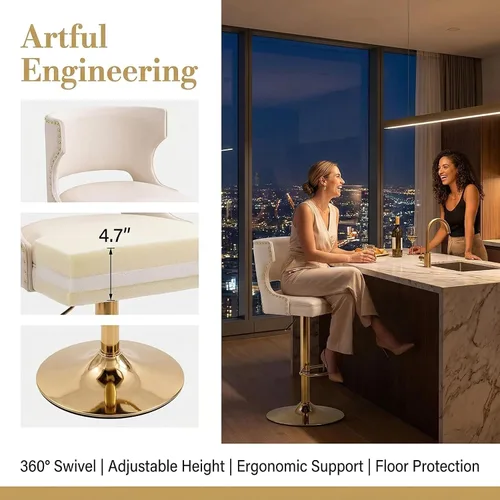 Vista 6 de ROCITY Juego de 2 taburetes de bar color beige con respaldo de piel sintética con base dorada, isla de cocina moderna ajustable para comedor, barra
