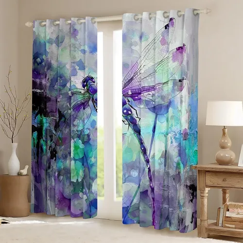 Vista 2 de jejeloiu Cortinas de oscurecimiento de libélula (2 paneles, 52 x 84 pulgadas), cortinas abstractas para dormitorio, sala de estar, arte moderno, 30%