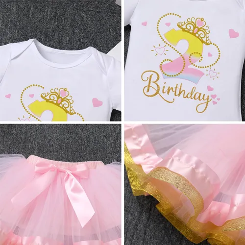 Vista 6 de IDOPIP Corona - Traje de 1 2 y 3 cumpleaños para niña con corona brillante, falda tutú, diadema, ropa para sesión de fotos de pastel