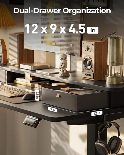 Vista 6 de FEZIBO Escritorio de pie de 48 x 24 pulgadas con altura ajustable, escritorio eléctrico de pie con doble cajón, escritorio de oficina en casa con 4