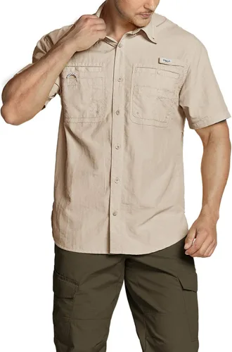 Vista 5 de TSLA Camisa de pesca de alto rendimiento para hombre, camisa transpirable con botones UPF 50+, camisa de manga corta para recreación al aire libre