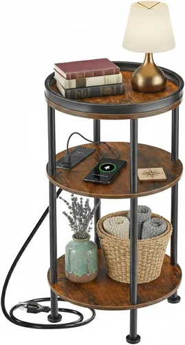 Vista 13 de Mesa auxiliar redonda pequeña con estación de carga para espacios pequeños, mesa decorativa de 3 niveles con puertos USB y tomas de corriente, mesa