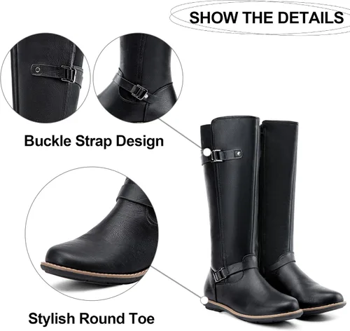 Vista 4 de Jeossy Botas altas hasta la rodilla 9655 para mujer, botas planas de equitación con hebilla y cremallera para mujer