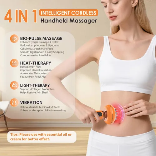 Vista 2 de Máquina para esculpir el cuerpo 4 en 1 - Masajeador de drenaje linfático de mano con luz roja, vibración y calor para linfedema lipedema
