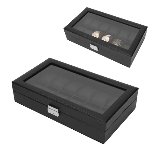 Vista 8 de Gabinetes y estuches con textura de fibra de carbono, cubierta acrílica gruesa para reloj, caja de almacenamiento de reloj, 12 ranuras, organizador