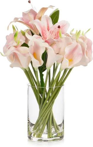 Vista 8 de Real Touch - Flores artificiales con jarrón, arreglo de flores artificiales en jarrón con agua sintética para decoración de mesa de comedor, centros