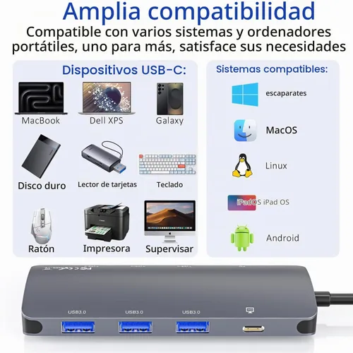Vista 9 de Hub USB C 8 en 1, Hub de salida de video USB C con 4K a 60Hz, divisor USB C de 10 Gbps, carga PD de 100 W, transferencia de datos, adaptador
