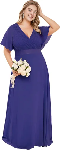 Vista 40 de Ever-Pretty Vestidos formales de noche de gasa para mujer con cuello en V de talla grande para mujeres con curvas, vestido de dama de honor de largo
