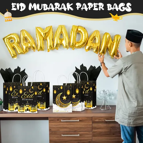 Vista 5 de Censen 16 juegos de bolsas de regalo de Eid Mubarak con papel de seda, bolsas de golosinas de Ramadán para suministros de fiesta de Ramadán (negro)