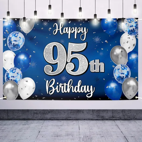 Vista 28 de Decoración de feliz cumpleaños número 100, globo azul y plateado grande cartel de fondo de cumpleaños de 100 años - Suministros para fiesta