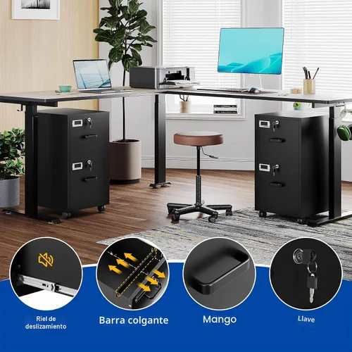 Vista 6 de BYNSOE - Archivador de 2 cajones con cerradura, archivador vertical de metal con ruedas, archivador móvil para oficina, hogar