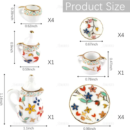 Vista 2 de AUEAR, Juego de 15 piezas de té de porcelana en miniatura 1:12 Miniatur Plato Taza Plato Accesorios Clásicos de Cocina (Patrón de Hoja Dorada)