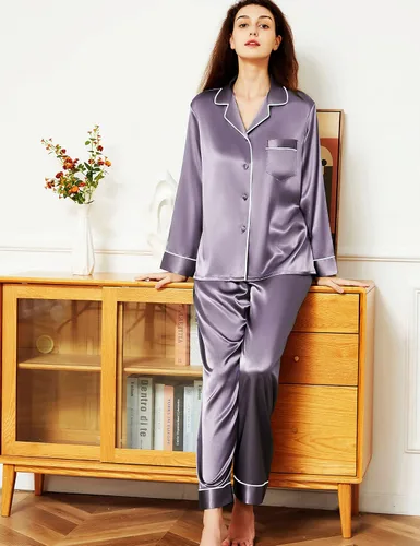 Vista 3 de Conjunto de pijama de satén para mujer, camisa de manga larga con botones y pantalón largo