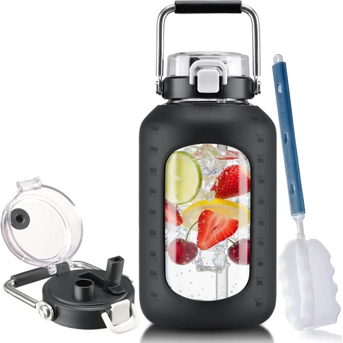 Vista 9 de BLUEGO Botella de agua de vidrio de 64 onzas con mango de acero inoxidable, botella de agua grande con marcadores de tiempo y funda de silicona Ámbar