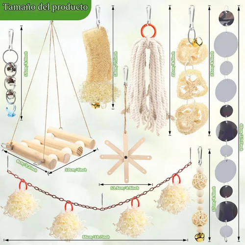 Vista 2 de QUOZUO 9 piezas de juguetes de loro, periquito para pájaros, accesorios para jaula de pájaros, cuerda de columpio, perca de madera, juguetes