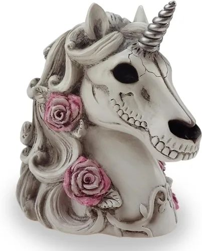 Vista 6 de Alcancía gótica de calavera de unicornio, calavera de azúcar, regalo para mujeres y adultos, Halloween, día de esqueleto gótico, decoración del hogar